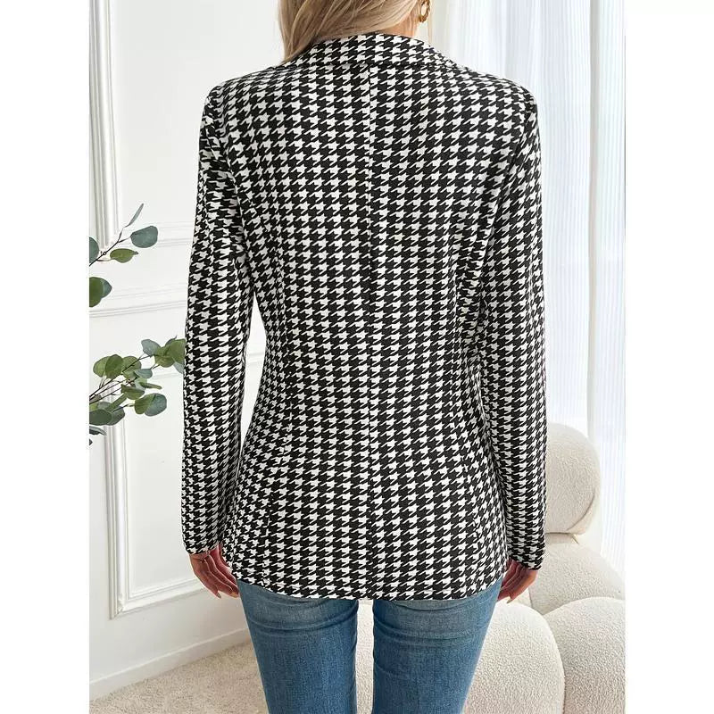 Dames Blazer – Getailleerde Pasvorm – Houndstooth – Enkelknoop – Lange Mouwen