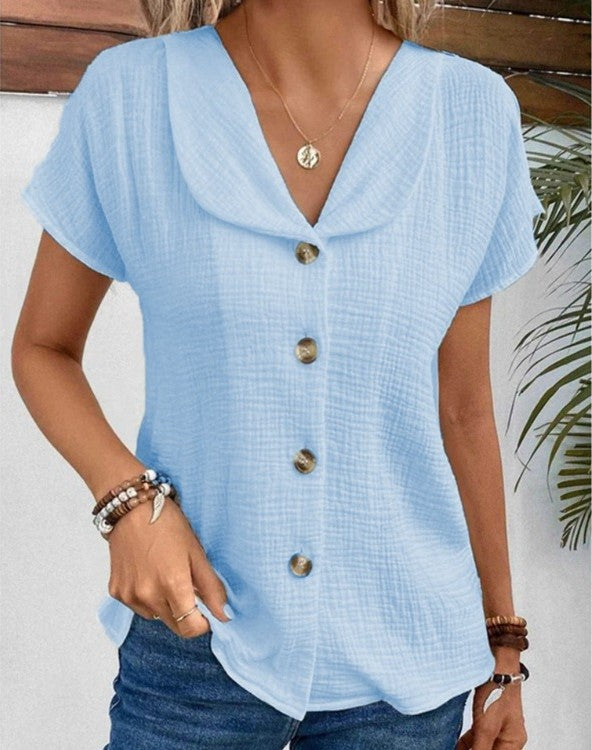 Chique Zomerblouse met Knoopsluiting en Korte Mouwen voor dames