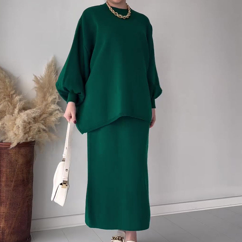 Dames Twee-Delige Gebreide Set – Relaxte Pasvorm – Crewneck – Midi Rok – Ballonmouwen