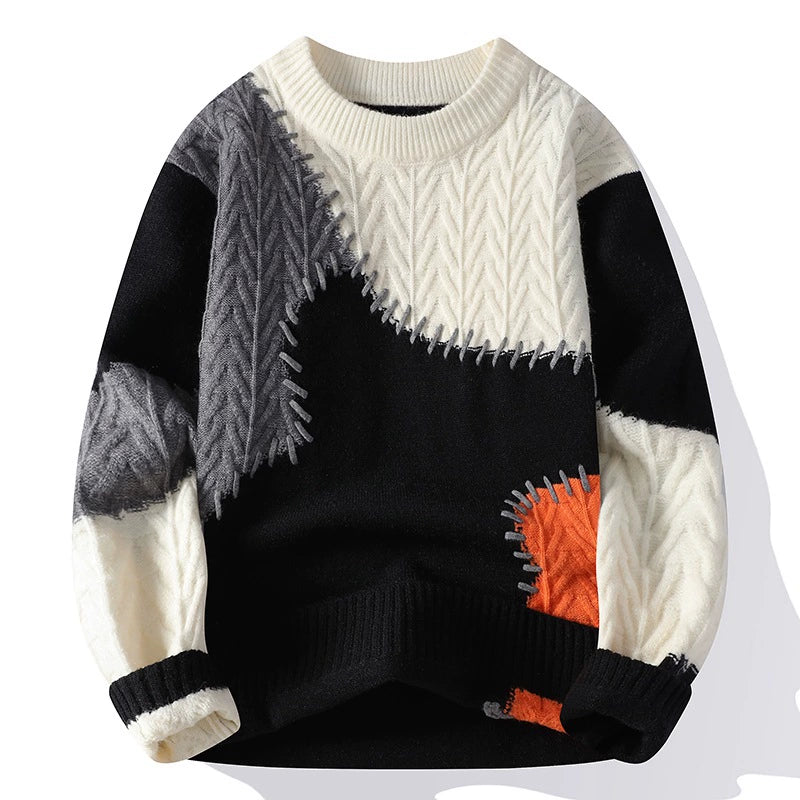 Heren trui – Losse pasvorm – Wolmix breisel – Patchwork ontwerp – Ribgebreide boord