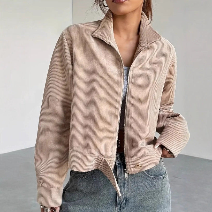 Dames Jas – Corduroy – Relaxte Pasvorm– Cropped Model – Ritssluiting – Brede Kraag