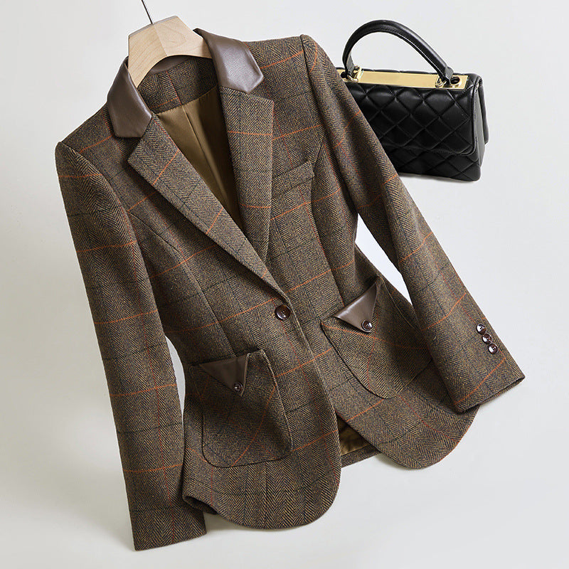 Dames Blazer – Tailored Pasvorm – Wolmix – Ruitpatroon – Enkele Knop – Reverskraag