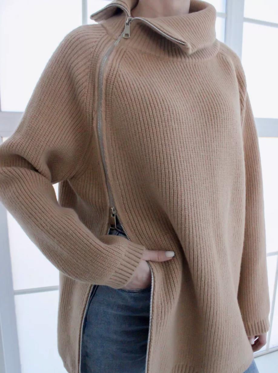 Dames Pullover Trui – Oversized Pasvorm – Gebreid – Ribstructuur – Asymmetrische Rits – Grote Kraag