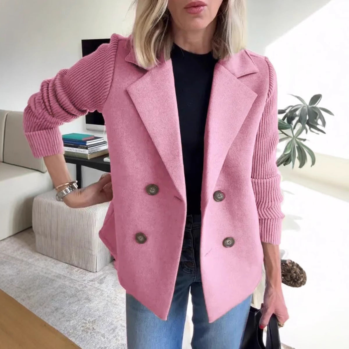 Dames Blazer – Wolmix – Getailleerde Pasvorm – Gebreide Pofmouwen – Dubbelrijig