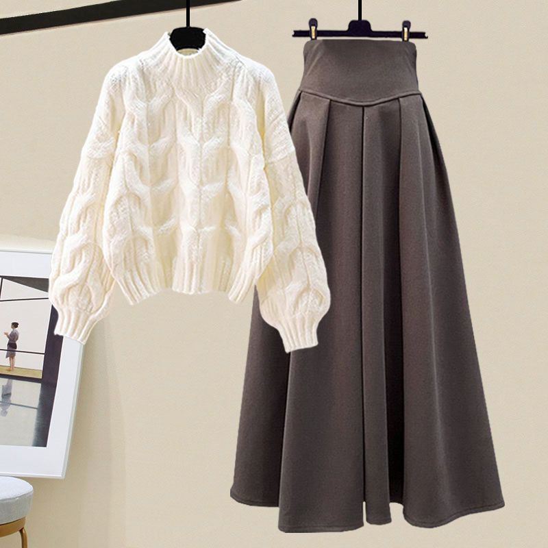 Dames Twee-Delige Set – Oversized Kabeltrui – A-Lijn Midi Rok met Plissé