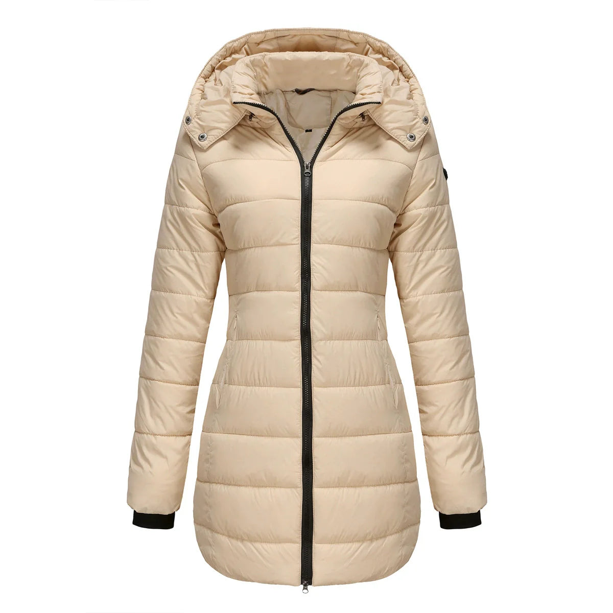 Ladies Puffer Jacket – Padded – Detachable Hood – Ribbed Cuffs – Mid-Length Model