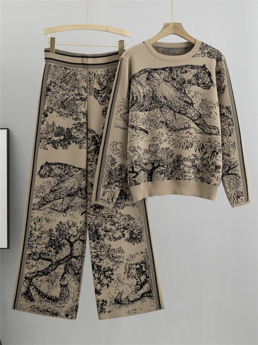 Dames Two-Piece Set – Jacquard Knit – Relaxte Pasvorm – Hoge Taille Wijde Pijpen
