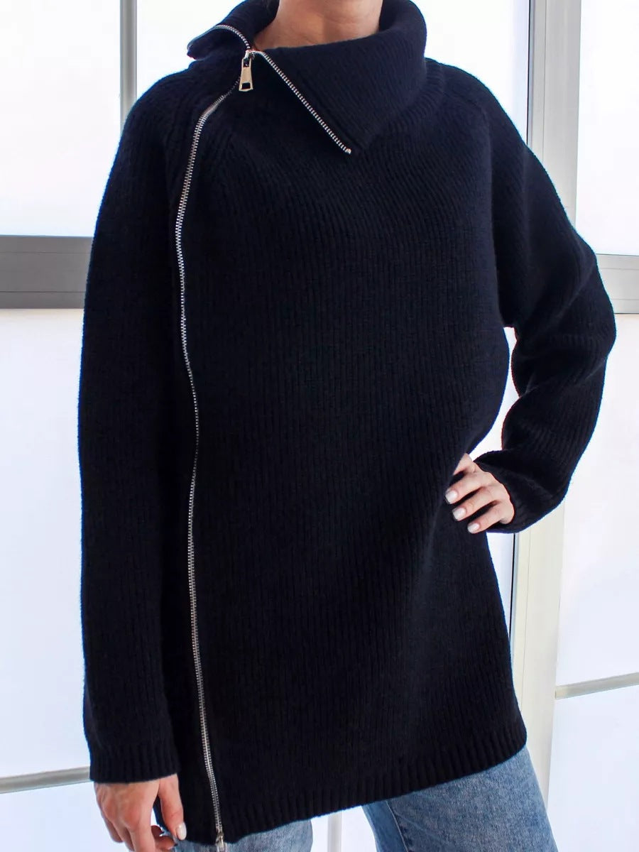 Dames Pullover Trui – Oversized Pasvorm – Gebreid – Ribstructuur – Asymmetrische Rits – Grote Kraag