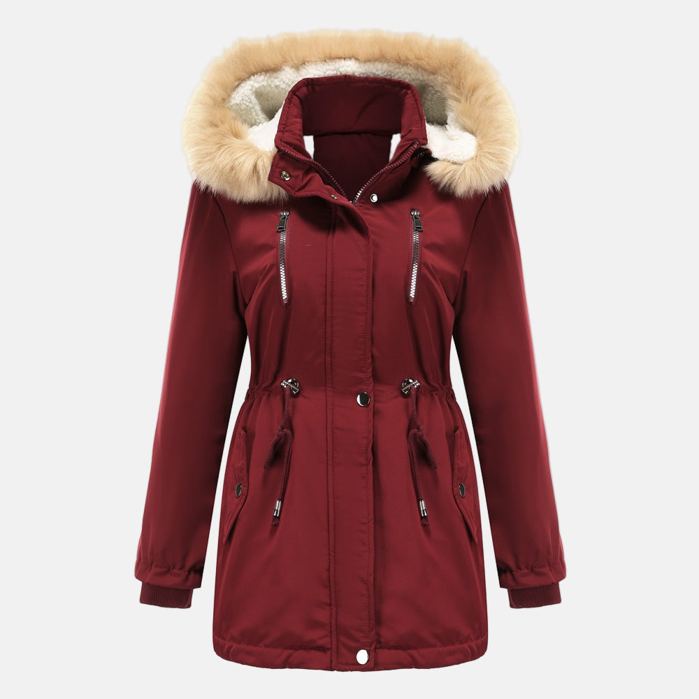 Women's Parka Coat – Adjustable Waist – Detachable Fur Collar – Windproof Cuffs