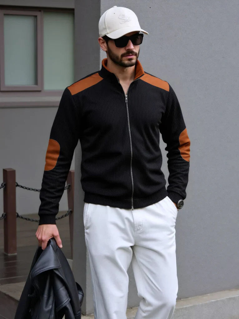 Heren Gebreid Cardigan met Rits – Normale Pasvorm – Geribd – Schouder- en Elleboogstukken