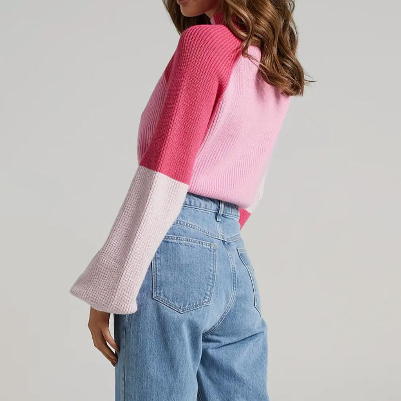 Women's sweater – Oversized fit – Knitted rib pattern – Turtleneck – Balloon sleeves – Cropped
