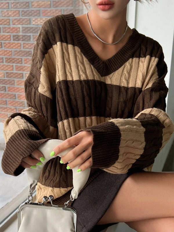 Olivia Cable-Knit Varsity Sweater | Striped Casual Sweater