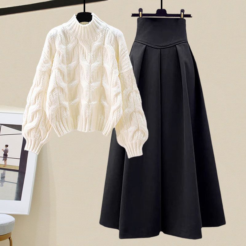 Dames Twee-Delige Set – Oversized Kabeltrui – A-Lijn Midi Rok met Plissé