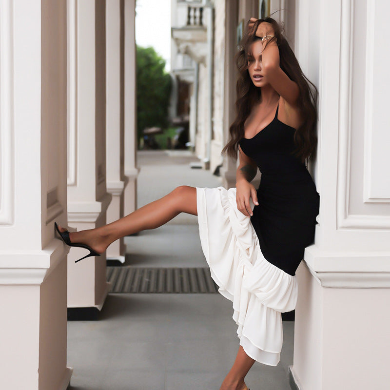 Dames Maxi Jurk – Twee-Kleuren Design met Fijne Bandjes