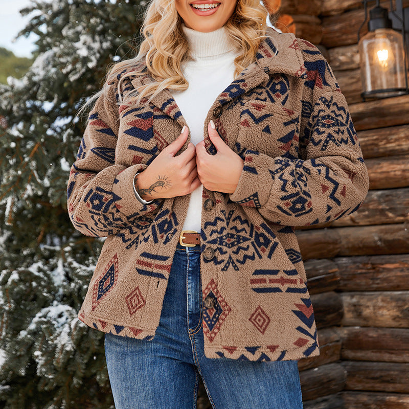 Dames jas – Oversized pasvorm – Zacht pluizig materiaal – Geometrisch patroon – Reverskraag
