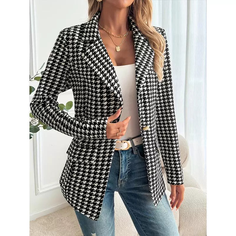 Dames Blazer – Getailleerde Pasvorm – Houndstooth – Enkelknoop – Lange Mouwen