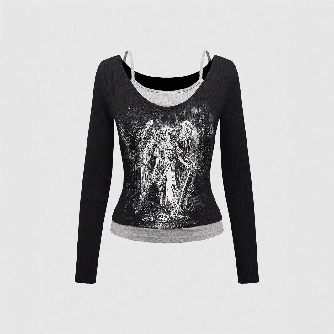 Dames Off-Shoulder Top met Kantlaag en Grafische Print
