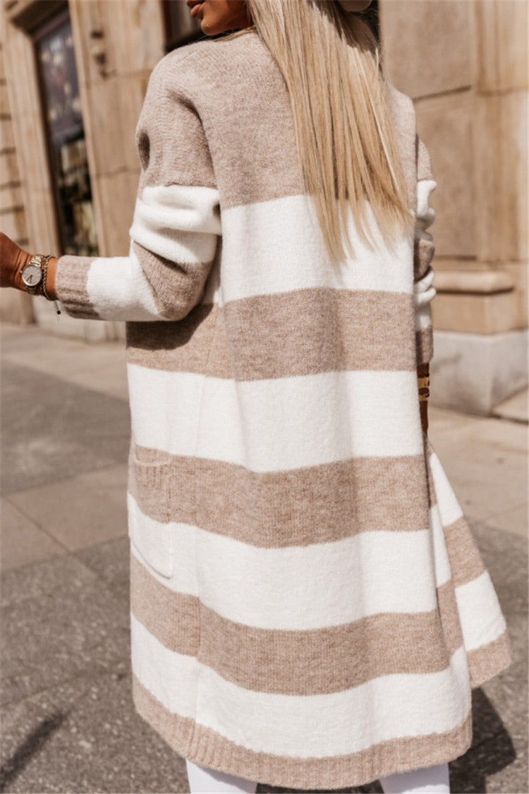 Dames Vest – Oversized Pasvorm – Lang Model – Open Voorzijde – Gestreept Breisel