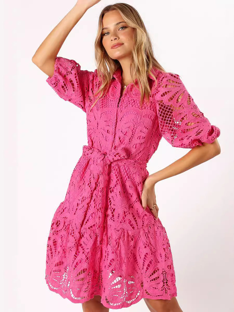 Women's lace dress – Belt at the waist – Puff sleeves – A-line mini-dress