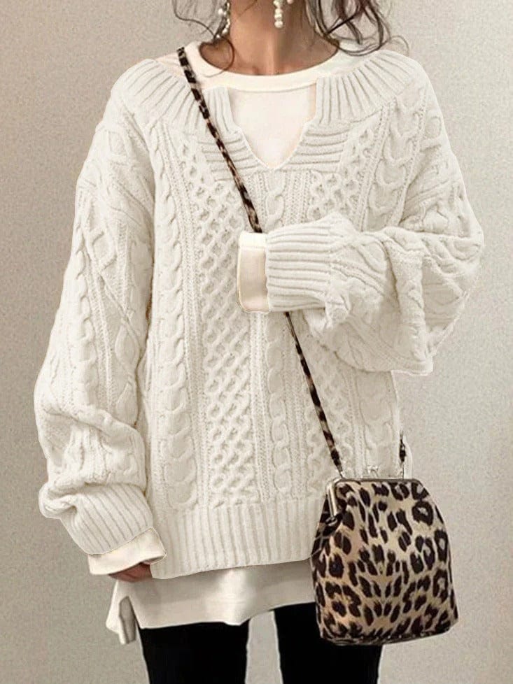 Dames Trui – Oversized Pasvorm – Wolmix – Kabelgebreid – Diepe V-Hals – Lange Mouwen