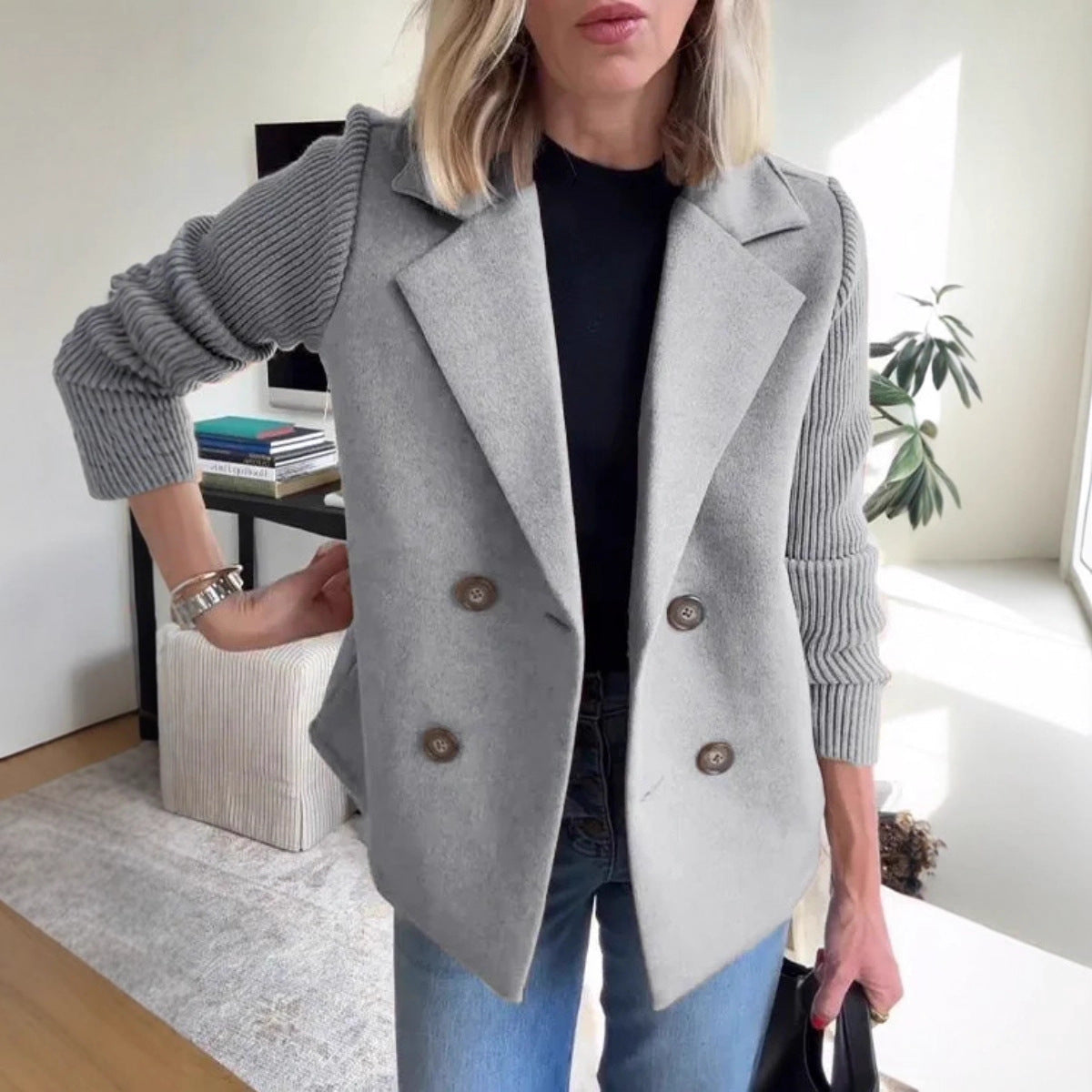 Dames Blazer – Wolmix – Getailleerde Pasvorm – Gebreide Pofmouwen – Dubbelrijig