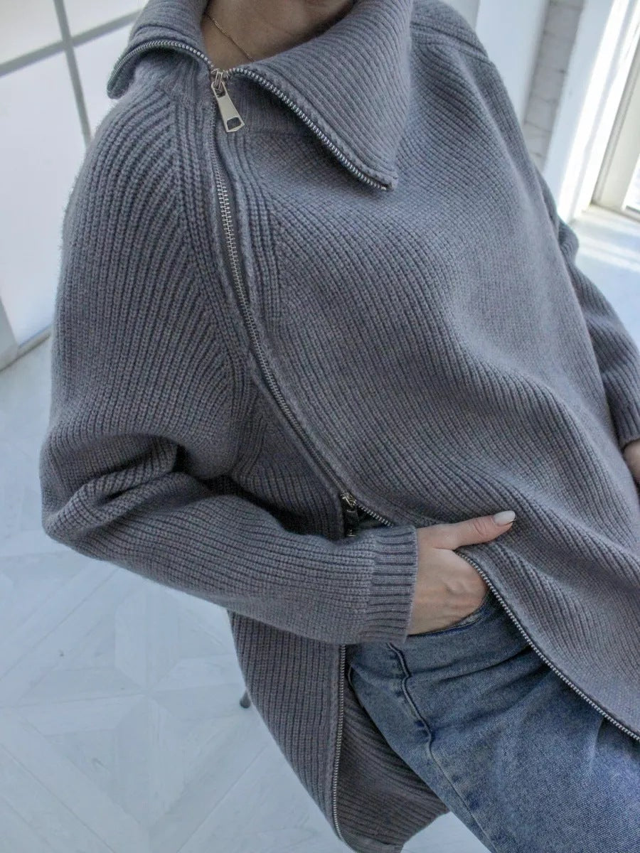 Dames Pullover Trui – Oversized Pasvorm – Gebreid – Ribstructuur – Asymmetrische Rits – Grote Kraag