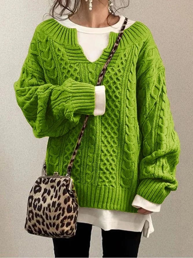 Dames Trui – Oversized Pasvorm – Wolmix – Kabelgebreid – Diepe V-Hals – Lange Mouwen