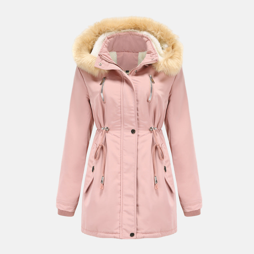 Women's Parka Coat – Adjustable Waist – Detachable Fur Collar – Windproof Cuffs
