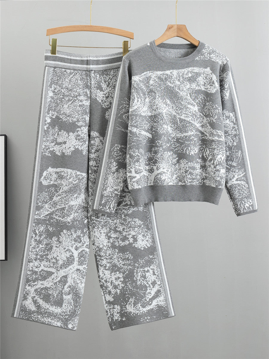 Dames Two-Piece Set – Jacquard Knit – Relaxte Pasvorm – Hoge Taille Wijde Pijpen