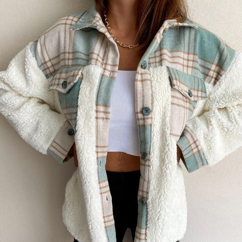 Dames Shacket Jas – Oversized Pasvorm – Sherpa Fleece – Geruit – Lange Mouw