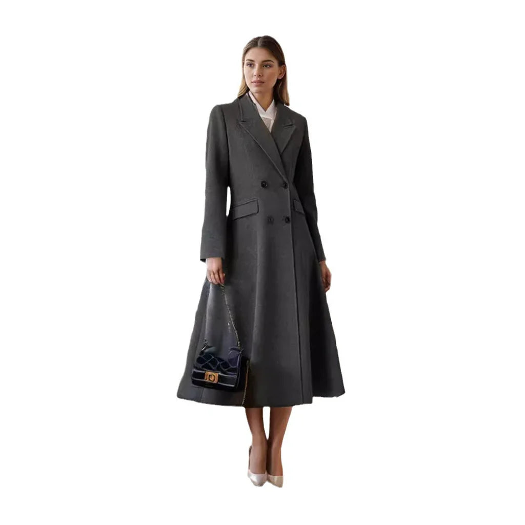 Long Women's Coat – Tailored Fit – Wool Blend – A-line Model – Double Button Row – Classic Lapel Collar