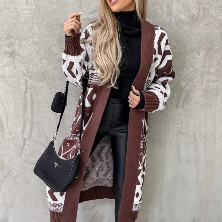 Dames Lange Vest – Losvallend – Wolmix Breisel – Geometrisch Patroon – Open Voorzijde