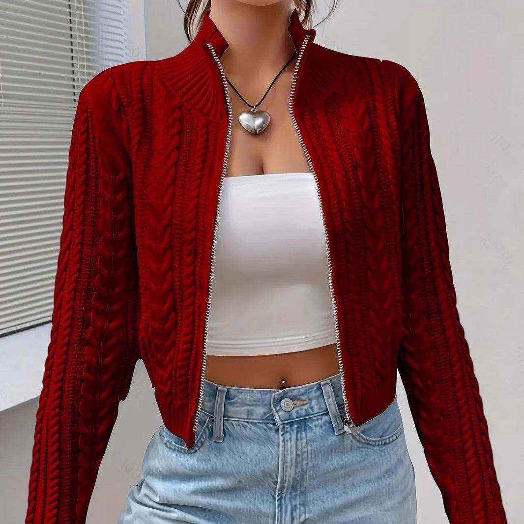 Dames Vest – Slim Fit – Kabelbreisel – Hoge Kraag – Ritssluiting – Wollook