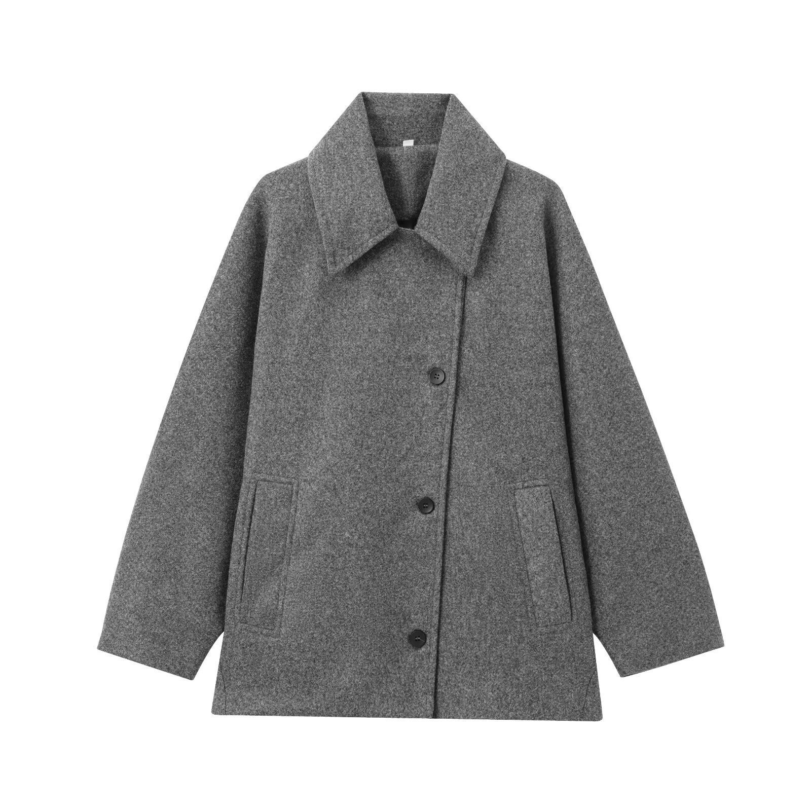 Women's Coat – Oversized Fit – Wool – Button Closure – Wide Collar – Hip Length