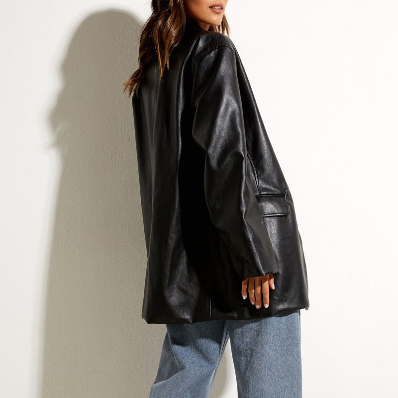 Dames blazer jas – Oversized relaxte pasvorm – Imitatieleer – Lange mouw – Flapzakken