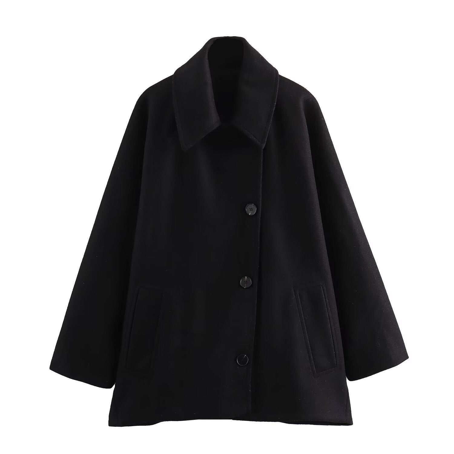 Women's Coat – Oversized Fit – Wool – Button Closure – Wide Collar – Hip Length