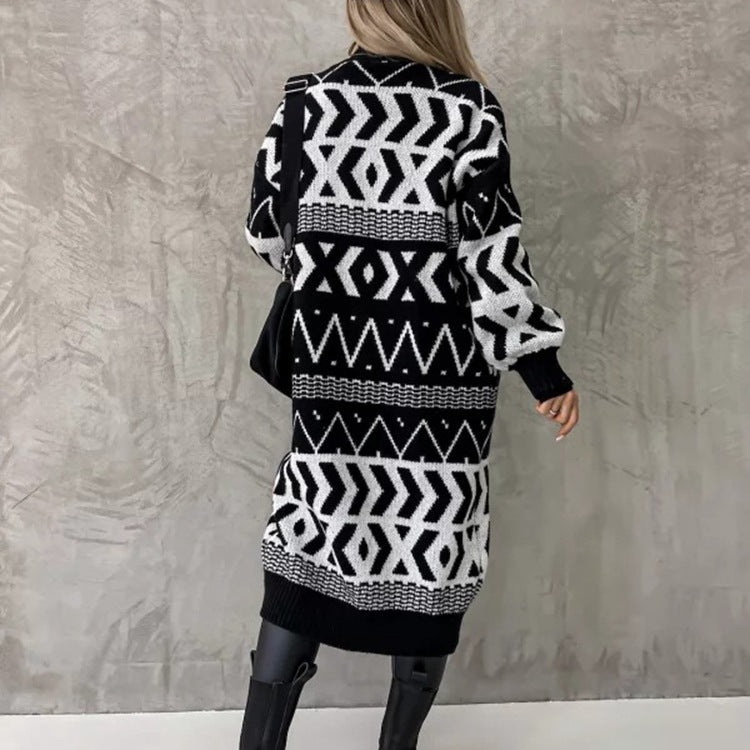Dames Lange Vest – Losvallend – Wolmix Breisel – Geometrisch Patroon – Open Voorzijde