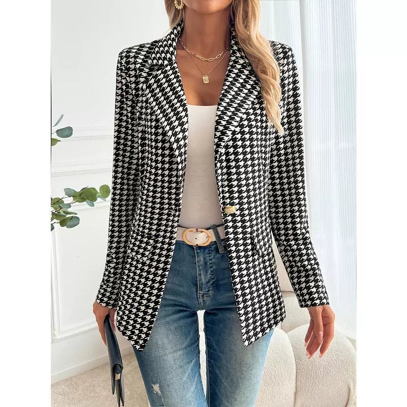 Dames Blazer – Getailleerde Pasvorm – Houndstooth – Enkelknoop – Lange Mouwen
