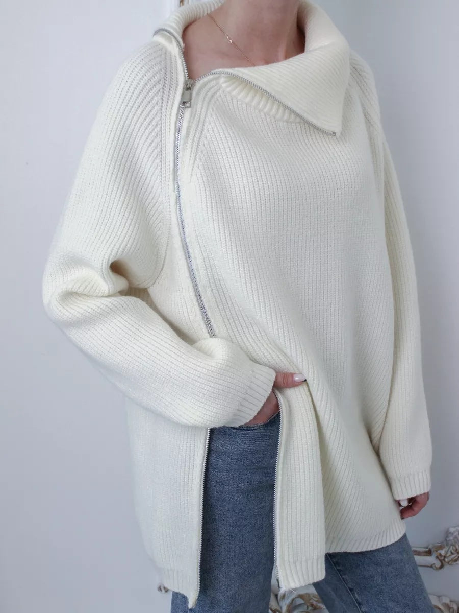 Dames Pullover Trui – Oversized Pasvorm – Gebreid – Ribstructuur – Asymmetrische Rits – Grote Kraag