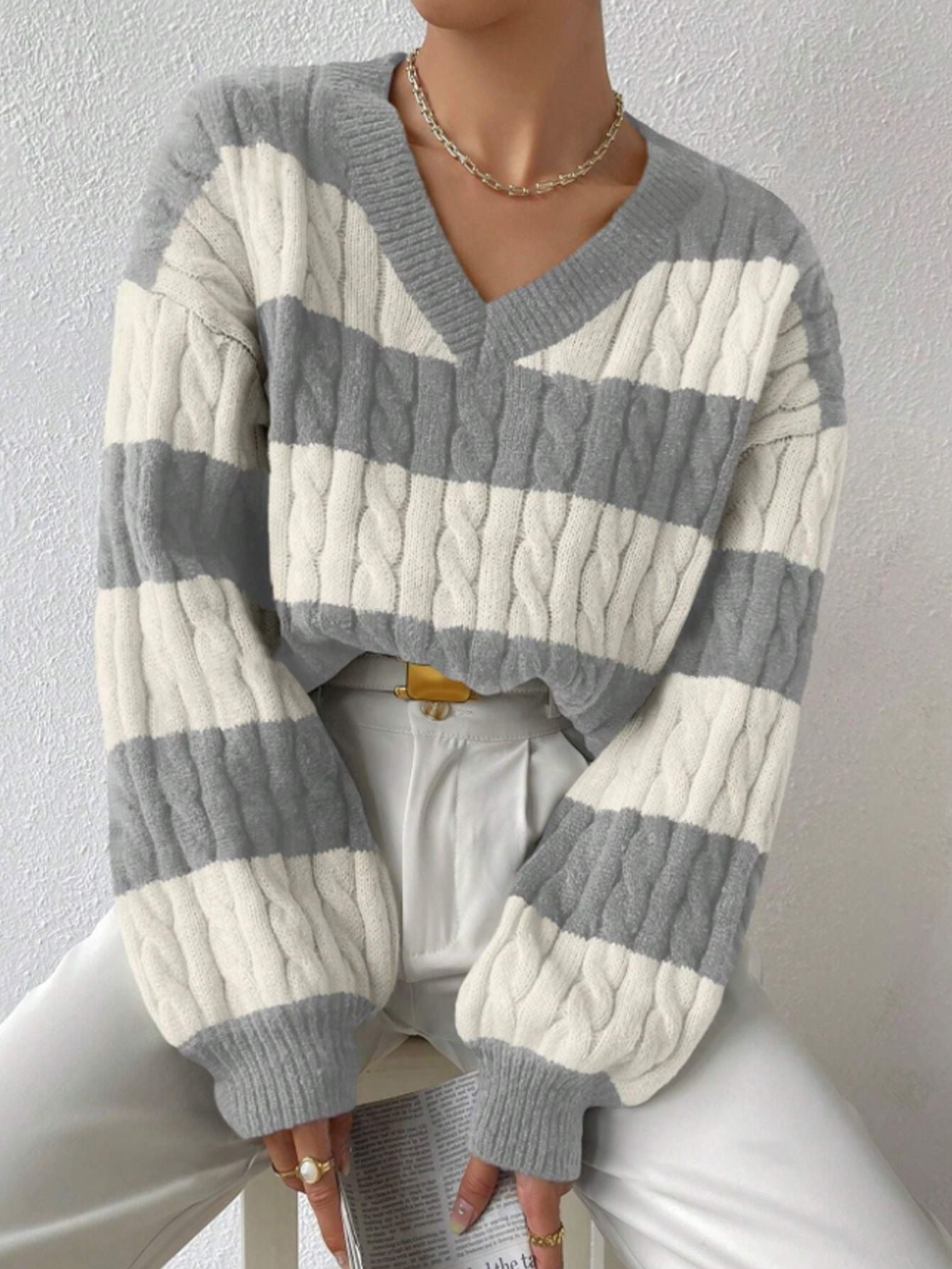 Olivia Cable-Knit Varsity Sweater | Striped Casual Sweater