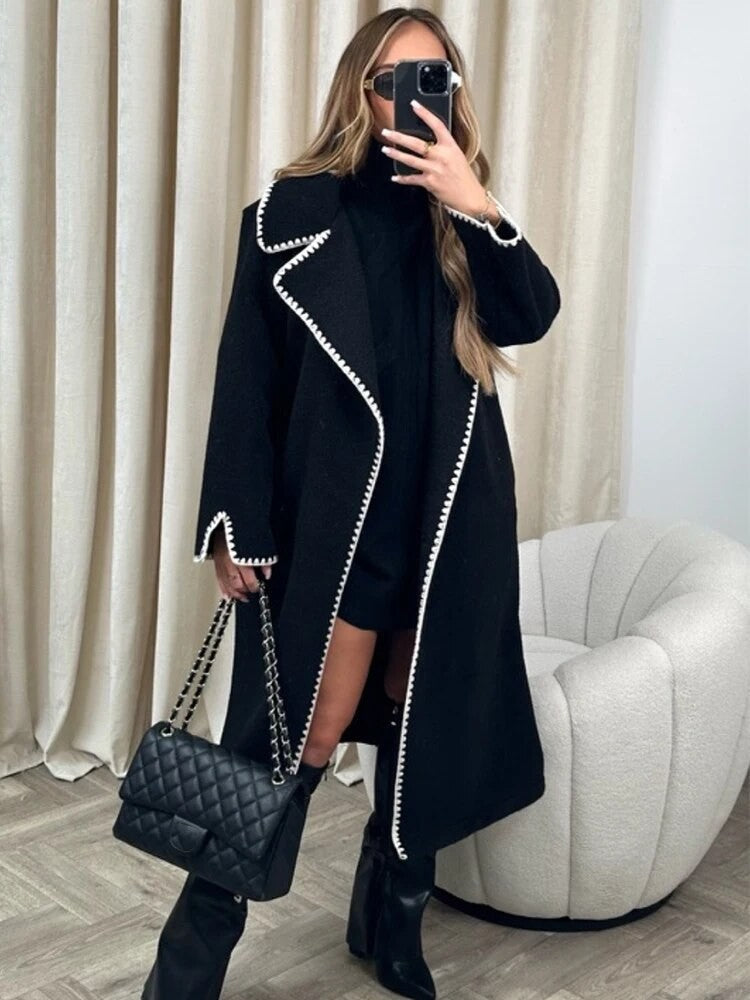 Dames Windbreaker Jas – Oversized Pasvorm – Wol – Volledig Lang – Schelp Borduursel
