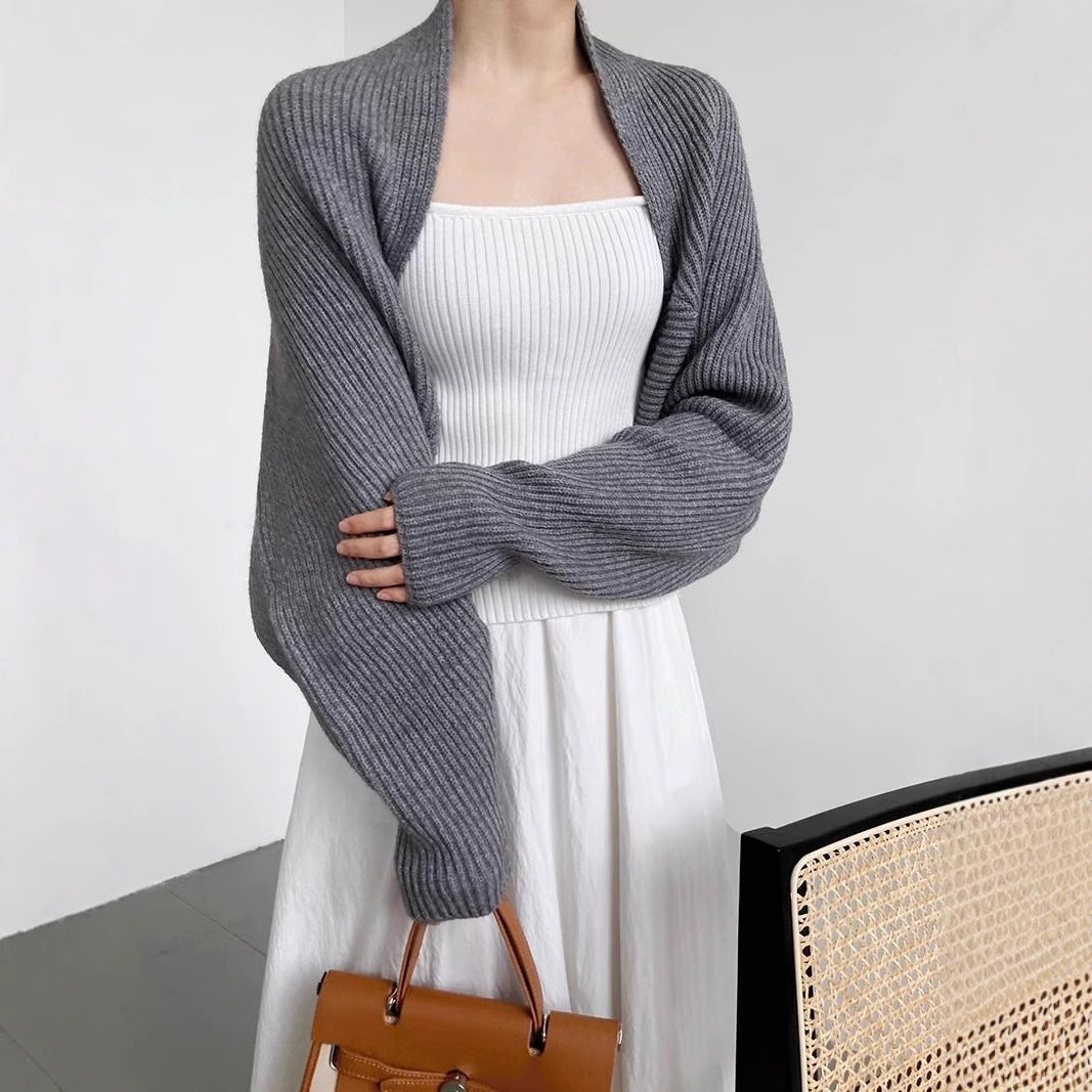 Dames Shrug Cardigan – Wolmix – Ribgebreid – Open Front – Cropped Pasvorm – Oversized Mouwen