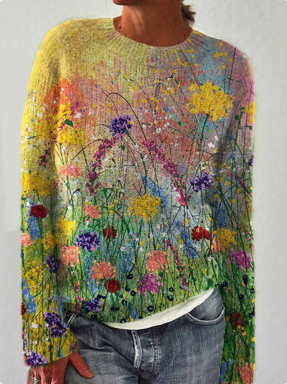 Dames Sweatshirt – Wol – Relaxte Pasvorm – Geborduurde Bloemen – Lange Mouw Casual