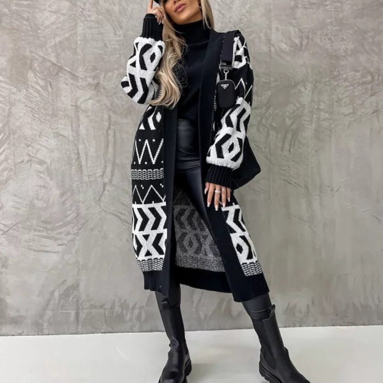 Dames Lange Vest – Losvallend – Wolmix Breisel – Geometrisch Patroon – Open Voorzijde