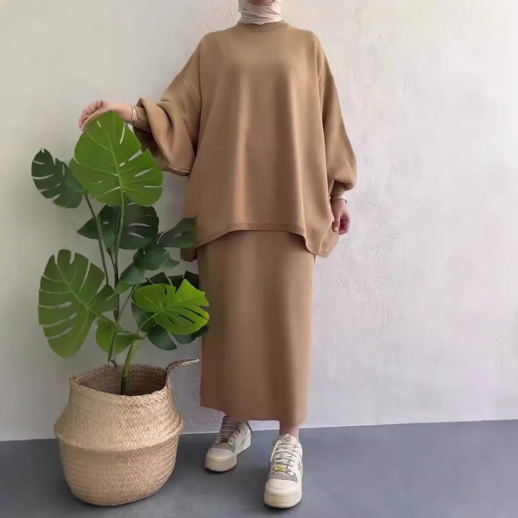 Dames Twee-Delige Gebreide Set – Relaxte Pasvorm – Crewneck – Midi Rok – Ballonmouwen