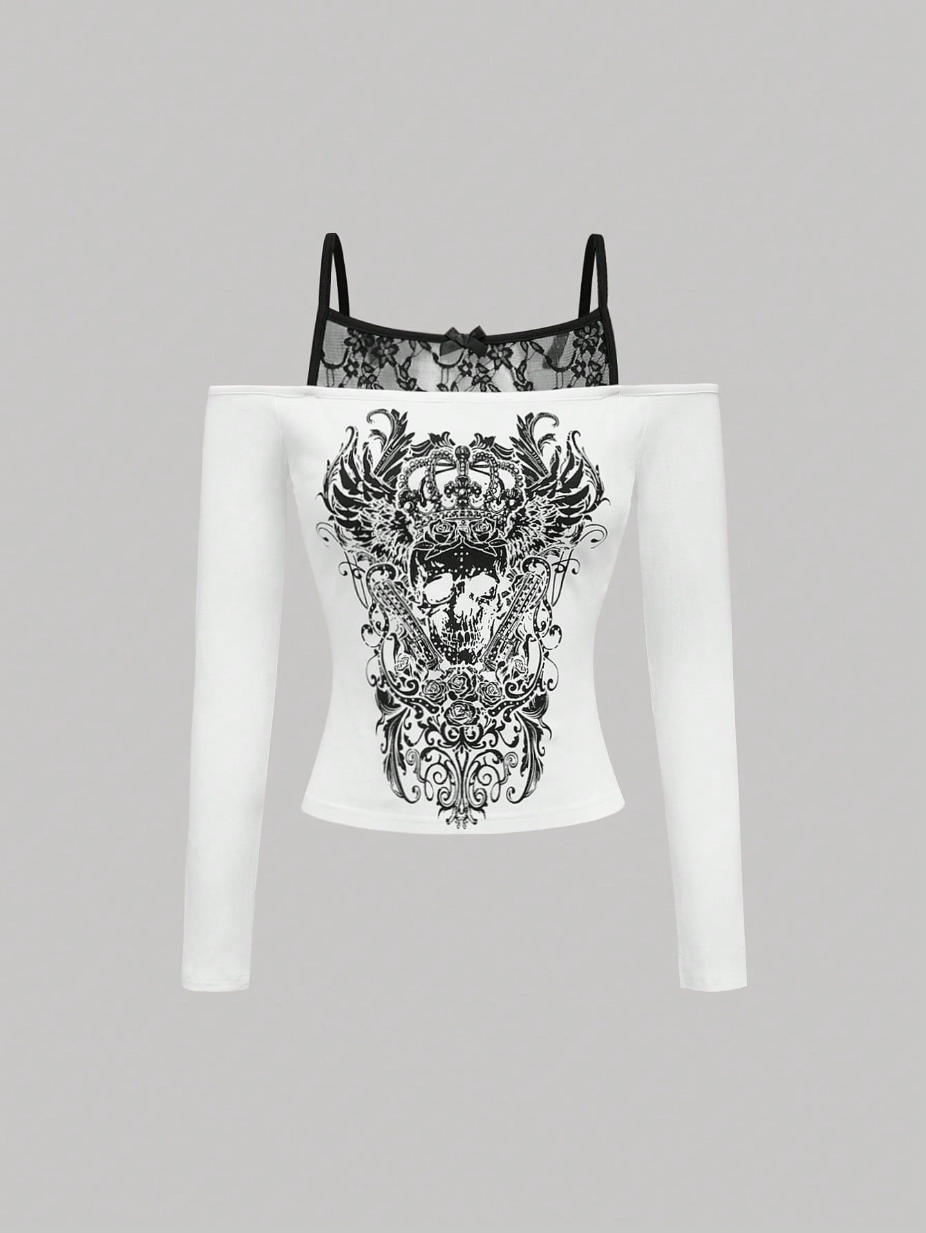 Dames Off-Shoulder Top met Kantlaag en Grafische Print