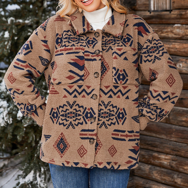 Dames jas – Oversized pasvorm – Zacht pluizig materiaal – Geometrisch patroon – Reverskraag