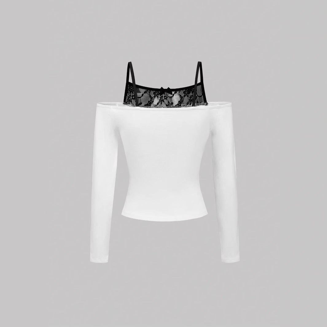 Dames Off-Shoulder Top met Kantlaag en Grafische Print