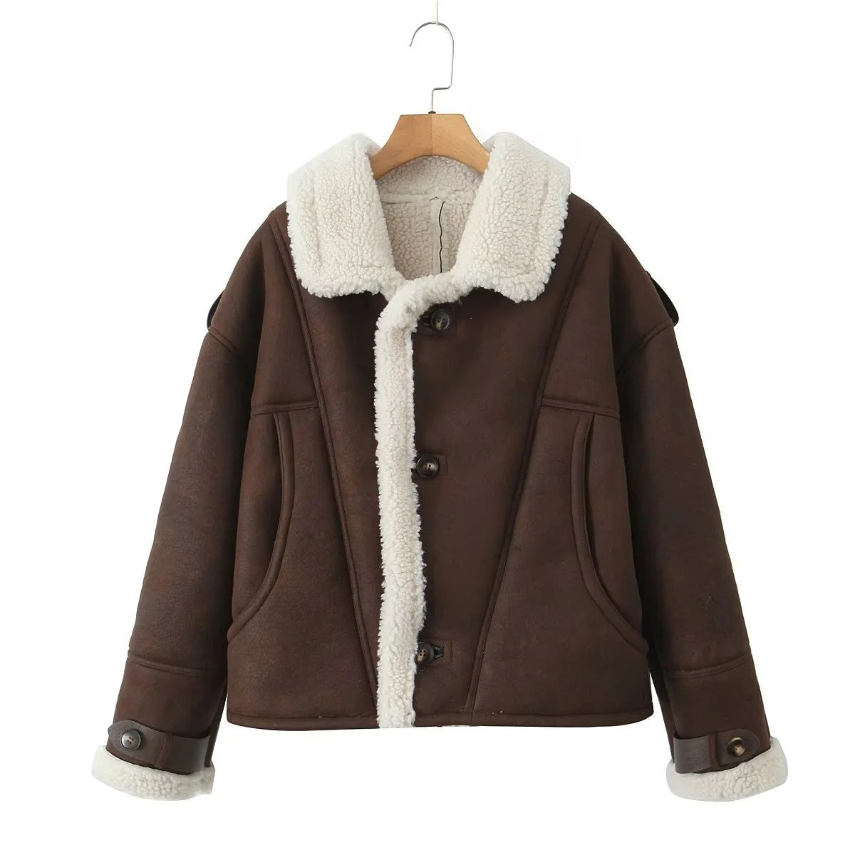 Amelia woolen oversized aviator jacket | Aviator jacket with fur collar and button closure