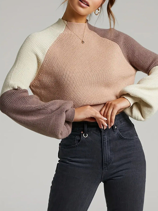 Women's sweater – Oversized fit – Knitted rib pattern – Turtleneck – Balloon sleeves – Cropped